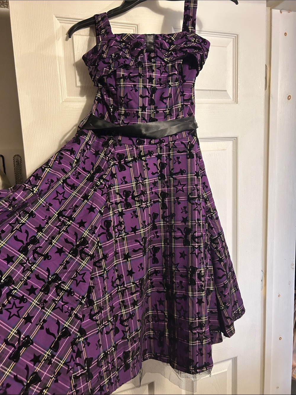 Purple Plaid Fit & Flare Dress with Black Waist Sash Pinup Style